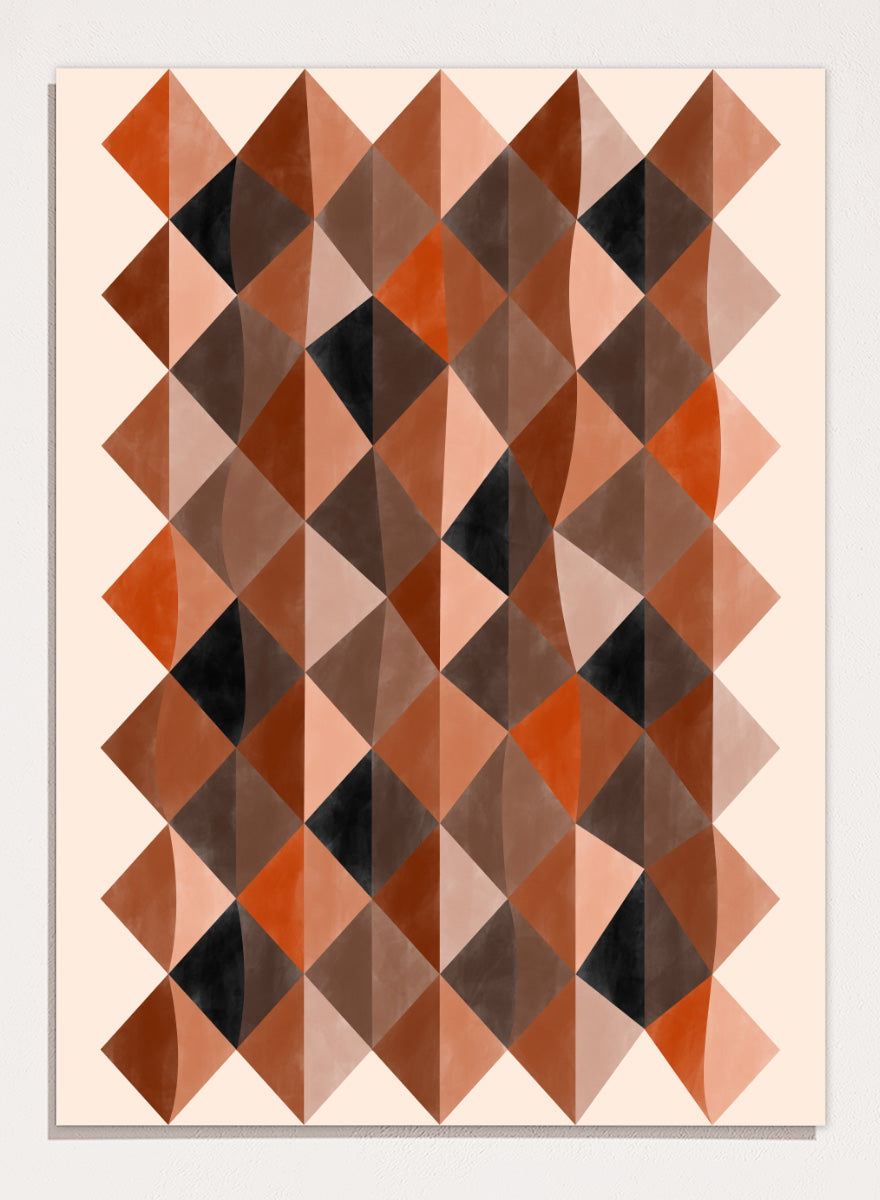 Shop Warm Earthy Geometry by Elena Ristova, a modern abstract wall art print poster featuring layered diamond patterns in rust, brown, cream, pink, and black.
