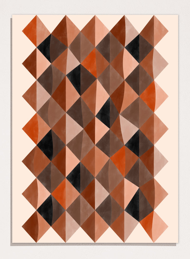 Shop Warm Earthy Geometry by Elena Ristova, a modern abstract wall art print poster featuring layered diamond patterns in rust, brown, cream, pink, and black.