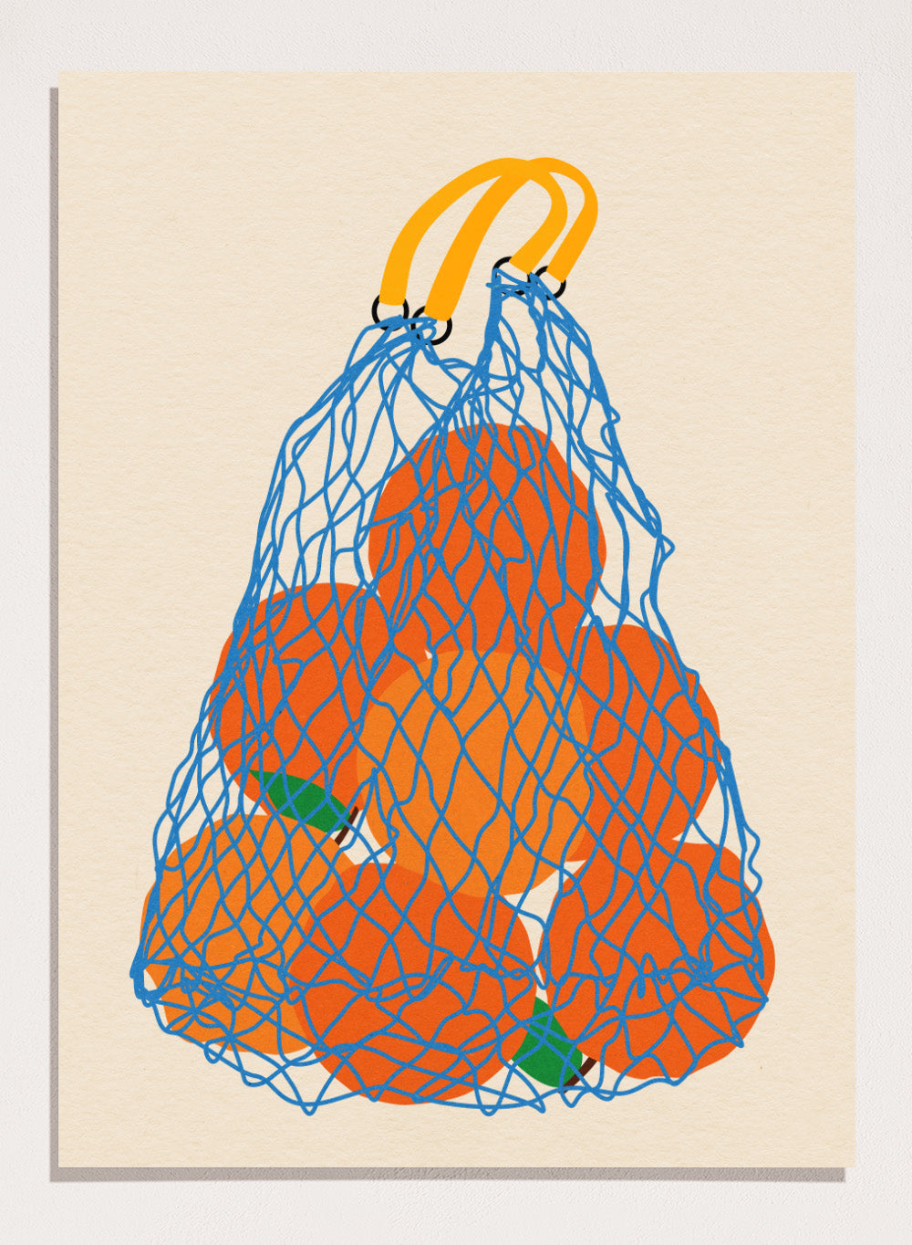 Blue mesh bag filled with orange fruits on a beige background. Oranges In a Net Bag by Rosi Feist is a modern minimalist fruit art print with bold color and Bauhaus-inspired graphic design. Officially licensed fine art poster with framing.