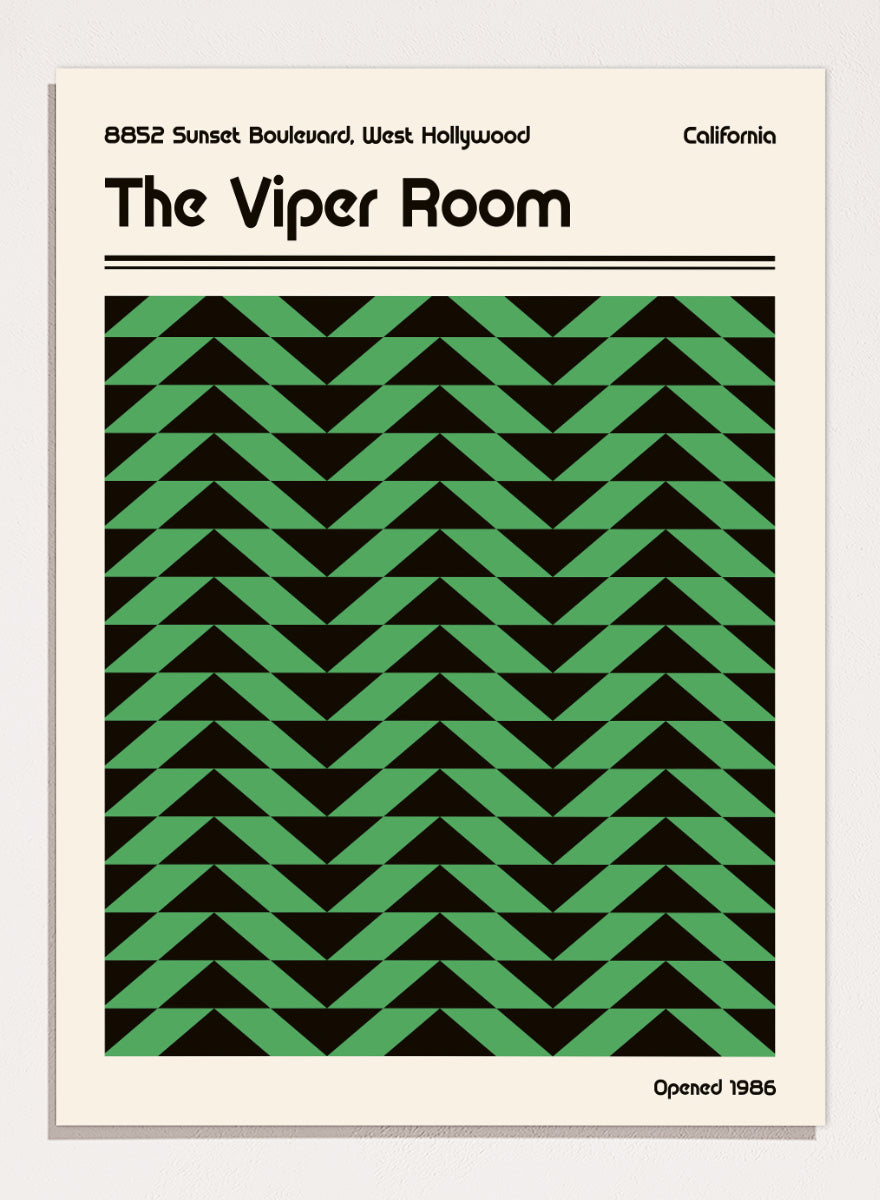 A poster-style graphic for The Viper Room, showing a cream background with black text reading the venue name and address, plus a large central green-and-black geometric pattern of repeating triangles. &