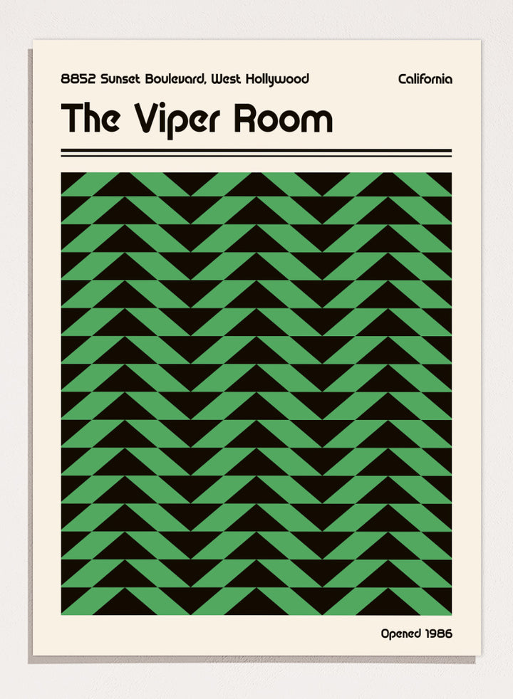 A poster-style graphic for The Viper Room, showing a cream background with black text reading the venue name and address, plus a large central green-and-black geometric pattern of repeating triangles. &