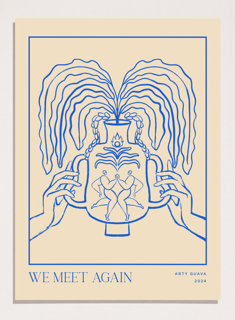 Artistic depiction of hands holding a vase with flowing hair, titled 'We Meet Again' by Arty Guava. Vessel Collection: We Meet Again by Arty Guava art print, modern line wall poster with a decorative vase design, contemporary minimalist artwork.