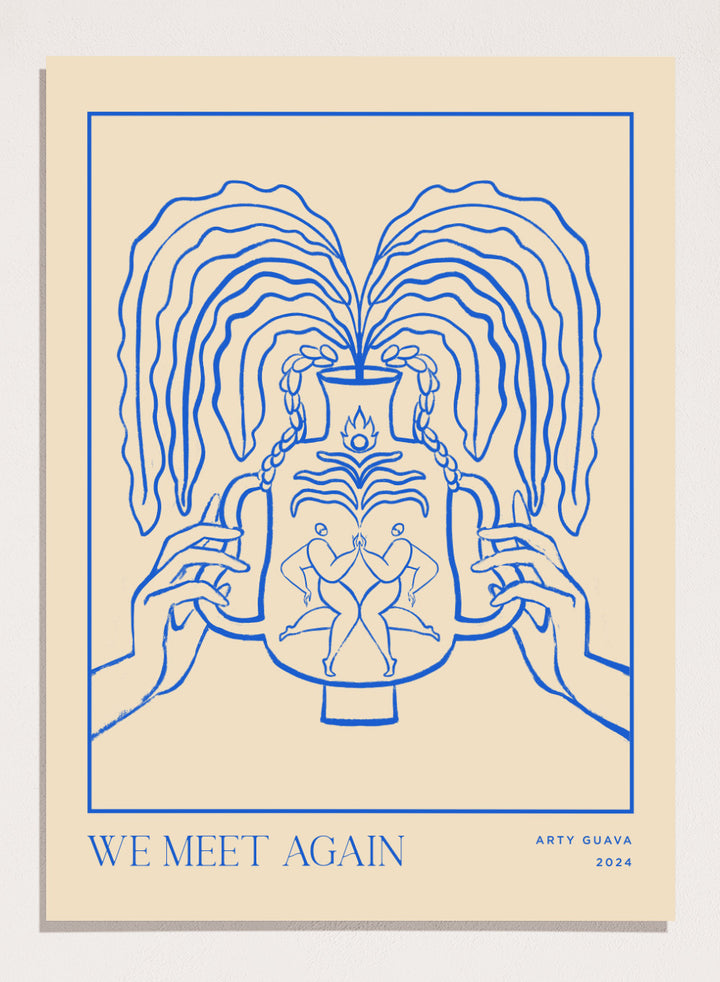 Artistic depiction of hands holding a vase with flowing hair, titled 'We Meet Again' by Arty Guava. Vessel Collection: We Meet Again by Arty Guava art print, modern line wall poster with a decorative vase design, contemporary minimalist artwork.