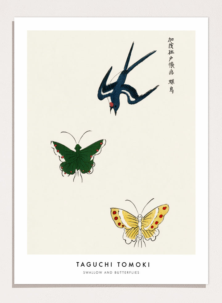 Swallow and Butterflies by Taguchi Tomoki from Yatsuo no Tsubaki is a vintage Japanese woodblock art print featuring a blue swallow and colorful butterflies on warm ivory.