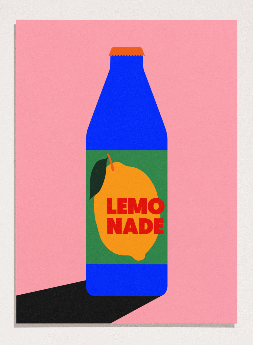 Blue bottle labeled 'Lemonade' with a lemon graphic on a pink background. Lemonade by Rosi Feist is a contemporary food and drink art print, perfect as modern kitchen poster wall decor with bold graphic design.