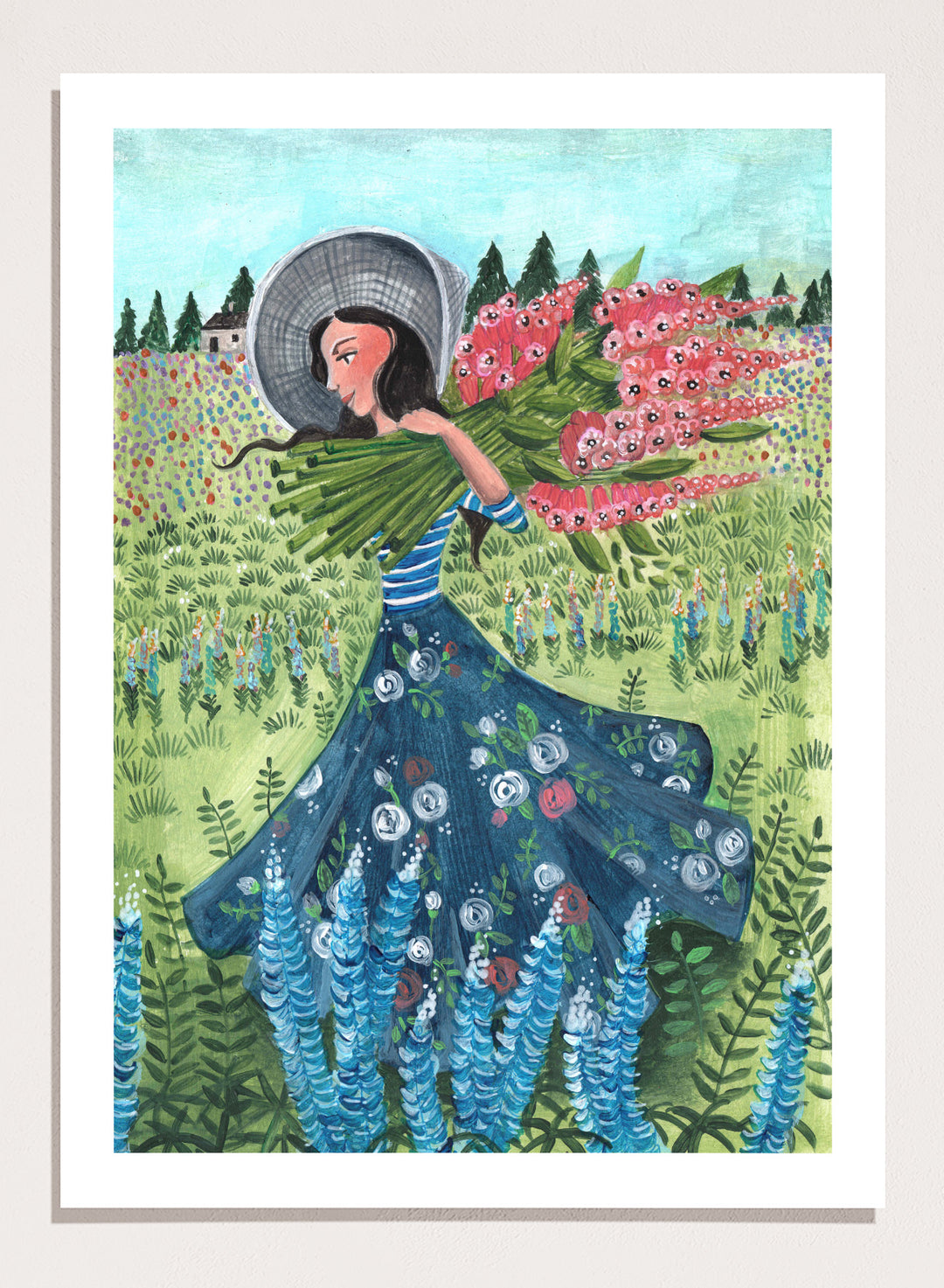 Woman in a floral dress holding flowers in a garden. Woman With Summer Flowers by Caroline Bonne Müller is a fine art print and wall poster featuring a woman carrying flowers through a colorful field.