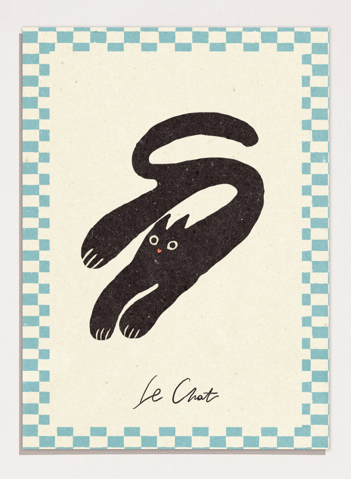 Shop Le Chat No.03 by NKTN, a playful black cat wall art print poster featuring a stretched cat, checkerboard border, and quirky vintage-inspired graphic style.