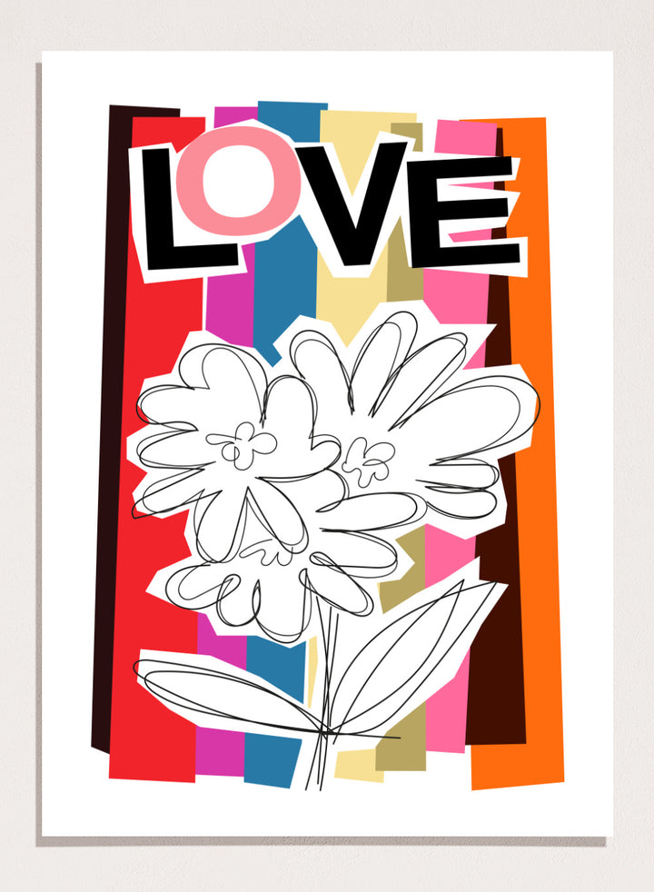 Colorful abstract design with flowers and the word 'LOVE' on a striped background. Scribble Flower by Frances Collett art print featuring a hand-drawn flower over bold colorful stripes with the word LOVE. Officially licensed wall poster with framing option.