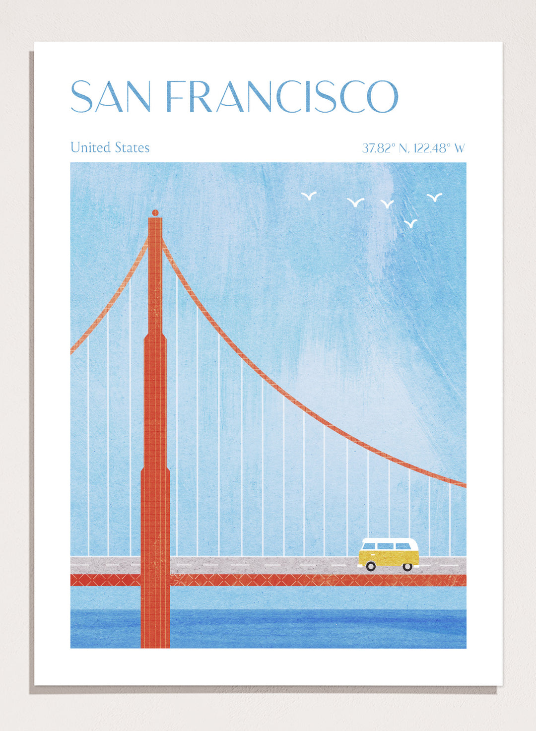 Illustration of the Golden Gate Bridge with a van and birds in San Francisco, United States. Golden Gate San Francisco by Longwayhome is a minimalist travel art print featuring the Golden Gate Bridge, coastal California scenery, and modern mid century inspired design.