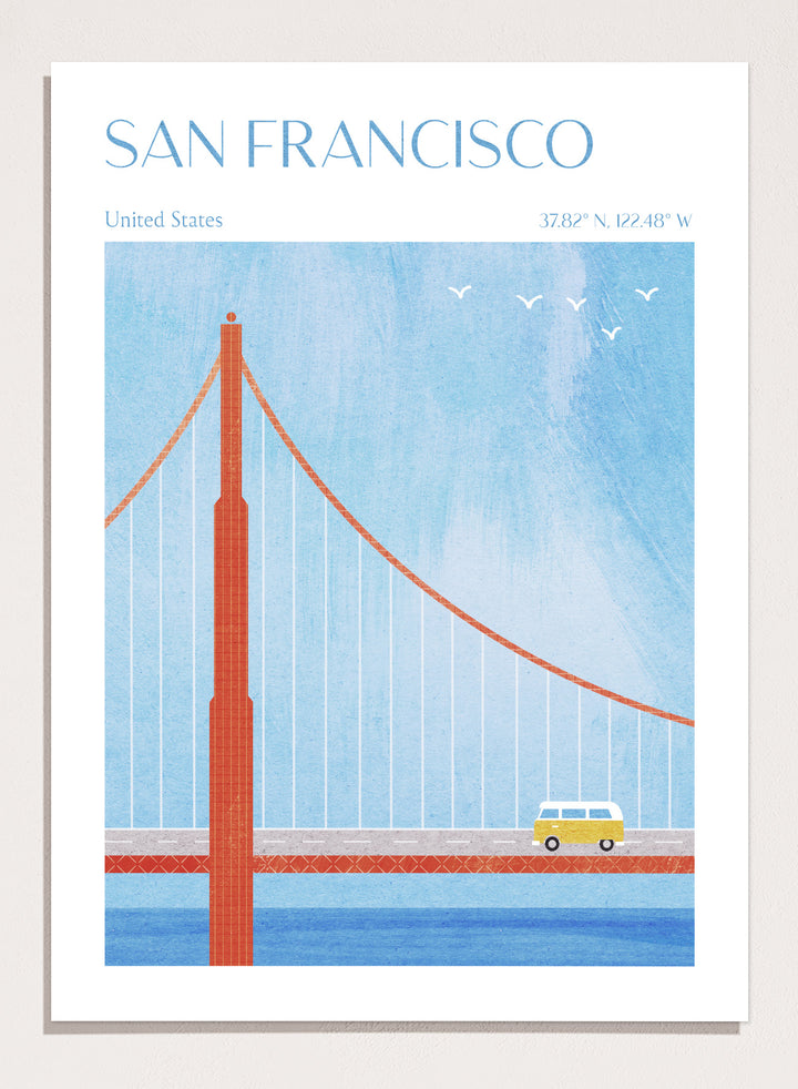 Illustration of the Golden Gate Bridge with a van and birds in San Francisco, United States. Golden Gate San Francisco by Longwayhome is a minimalist travel art print featuring the Golden Gate Bridge, coastal California scenery, and modern mid century inspired design.