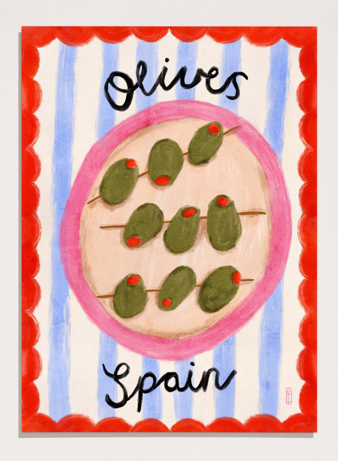 Spanish Olives Plate by Dirkie Nell is a colorful food art print featuring olives, Mediterranean inspired kitchen wall art, striped patterns, and playful modern illustration.