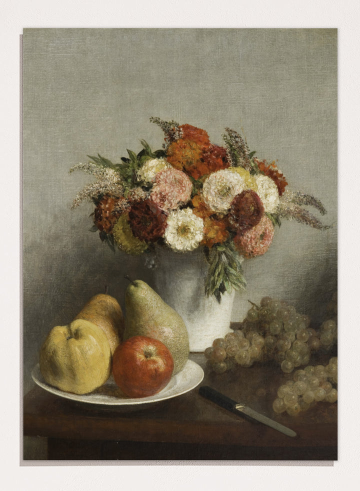 Shop Flowers and Fruit by Henri Fantin-Latour, a vintage still life wall art print poster featuring flowers, pears, apples, and grapes in warm brown tones.