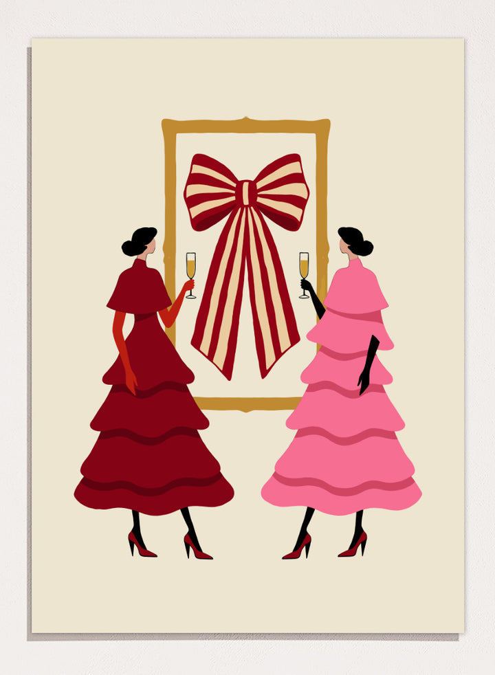 Shop Elegant Bow Celebration by Dominique Vari, a festive fashion wall art print poster featuring two women, champagne glasses, layered dresses, and a bold striped bow.