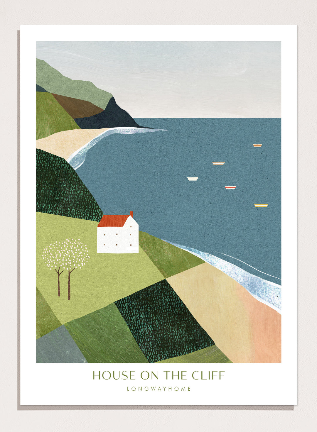 Illustration of a house on a cliff overlooking a coastal scene with boats. House on the Cliff by Longwayhome is a minimalist coastal landscape art print featuring ocean views, cliffside scenery, and modern travel inspired wall art.