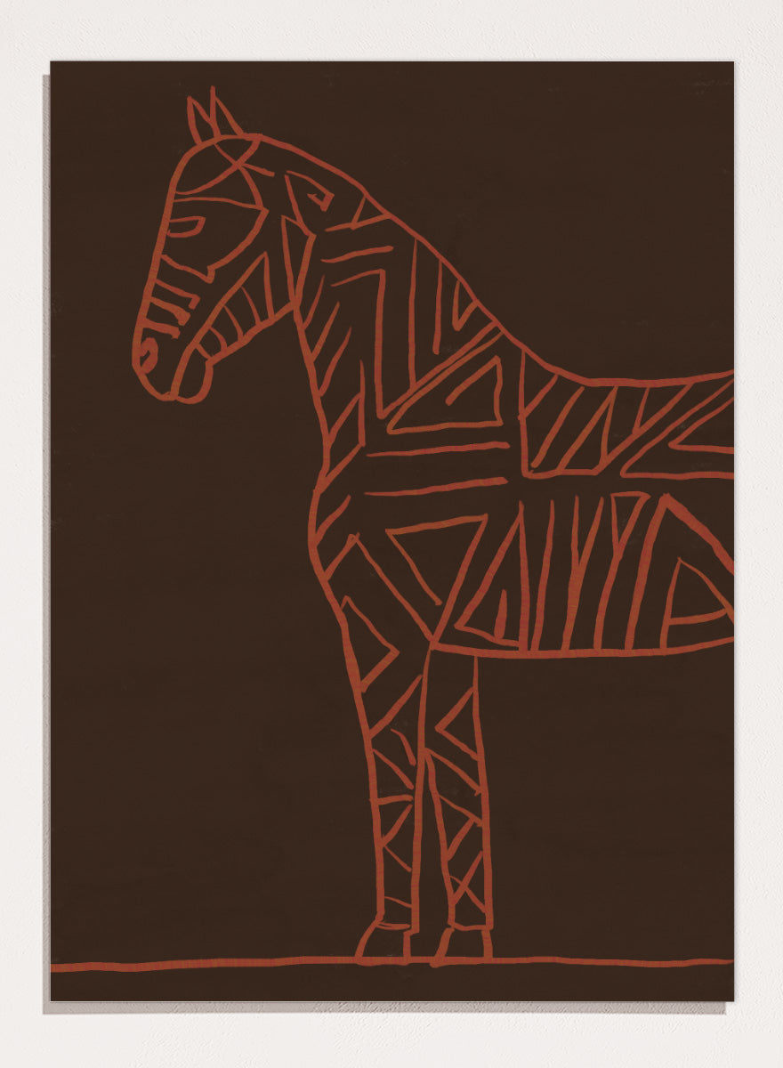 A minimalist art print featuring a stylized horse silhouette outlined in terracotta red on a dark brown background. Horse Line Art by The Art Concept animal art print featuring a stylized horse, geometric linework, warm rust tones, and a deep brown background.