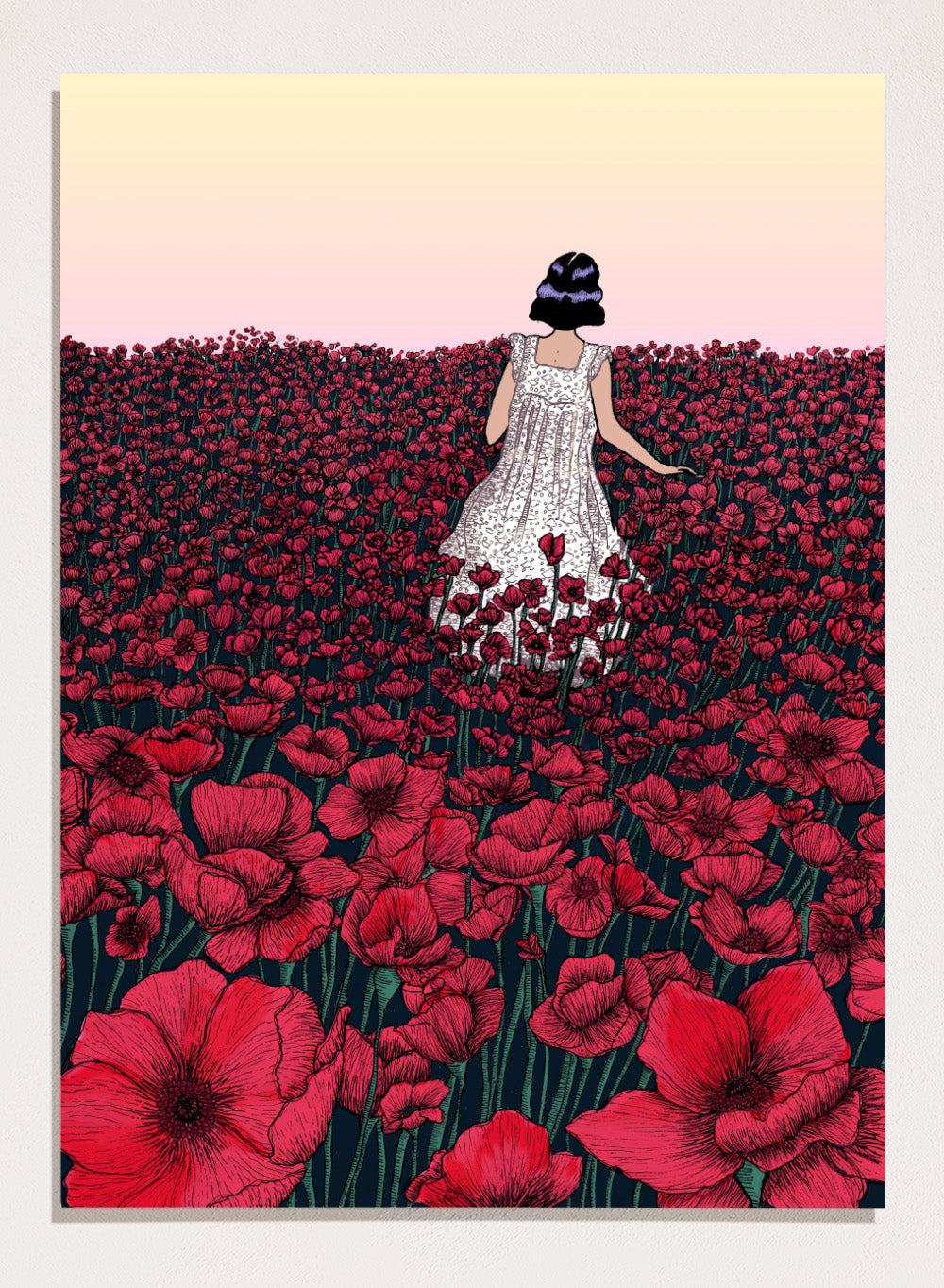 Woman in a white dress standing in a field of red flowers with a gradient sky. Field of Poppies by E.C. Mazur is an officially licensed art print featuring a woman standing in a red poppy field. Illustrated landscape wall poster.