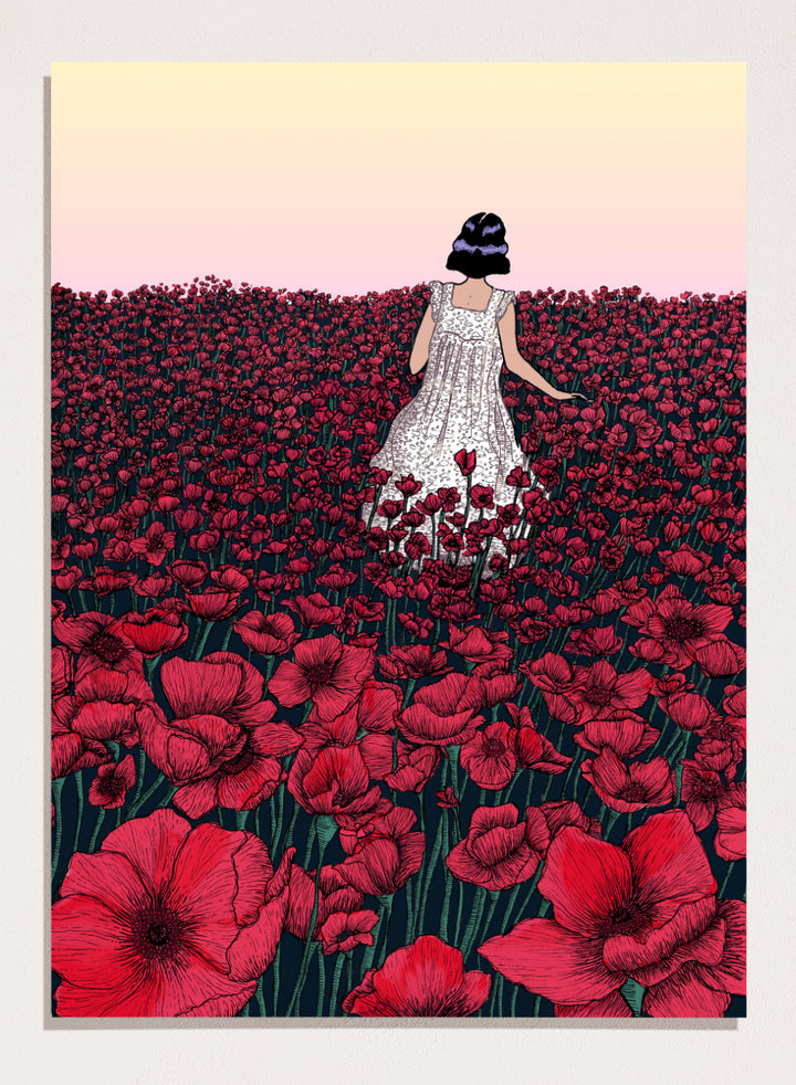 Woman in a white dress standing in a field of red flowers with a gradient sky. Field of Poppies by E.C. Mazur is an officially licensed art print featuring a woman standing in a red poppy field. Illustrated landscape wall poster.
