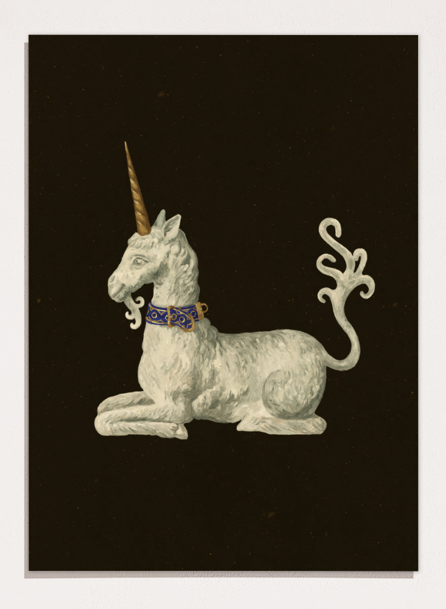 Shop Regal White Unicorn by NKTN, a whimsical unicorn wall art print poster featuring a white mythical figure, golden horn, ornate blue collar, and dark background.