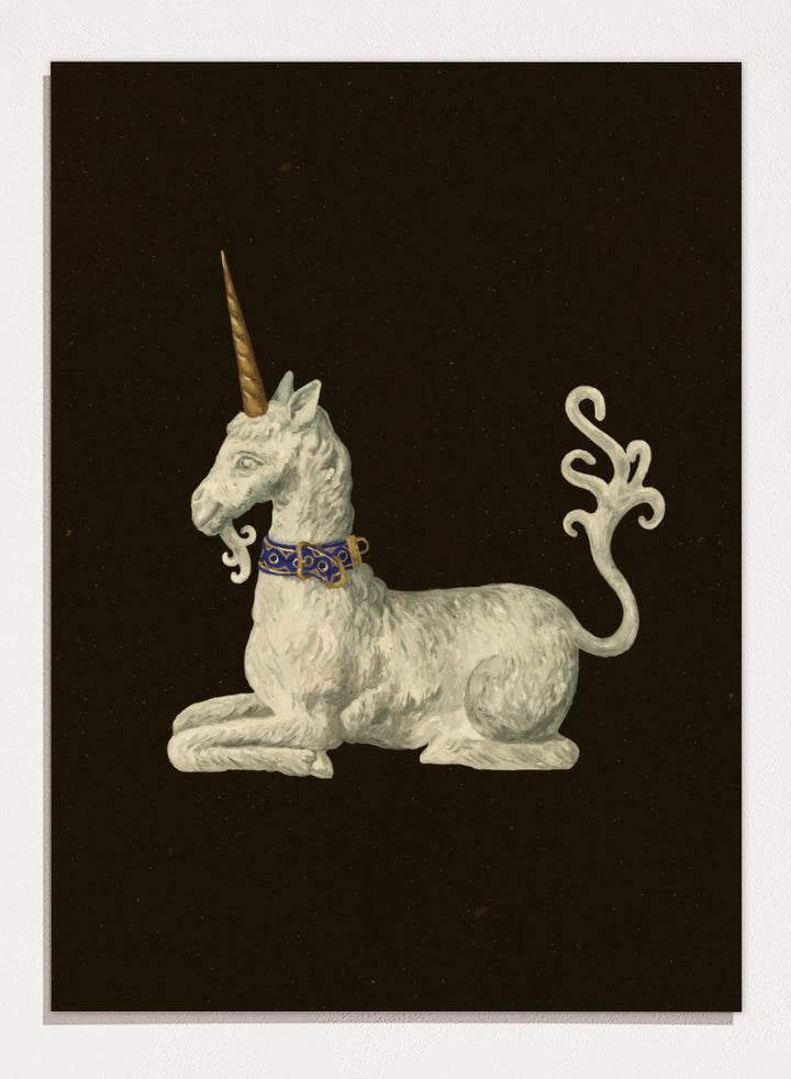 Shop Regal White Unicorn by NKTN, a whimsical unicorn wall art print poster featuring a white mythical figure, golden horn, ornate blue collar, and dark background.