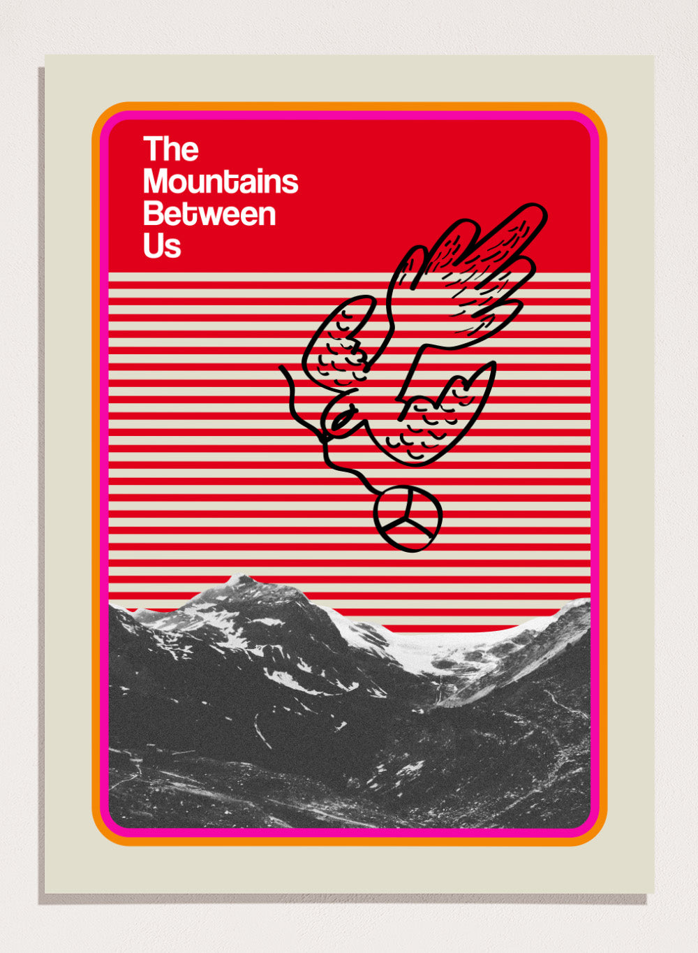 Print of 'The Mountains Between Us' with a red and white striped pattern and mountain illustration. Mountains Between Us by Frances Collett art print featuring red graphic stripes, flying dove illustration, and mountain landscape. Officially licensed modern wall poster with optional framing.