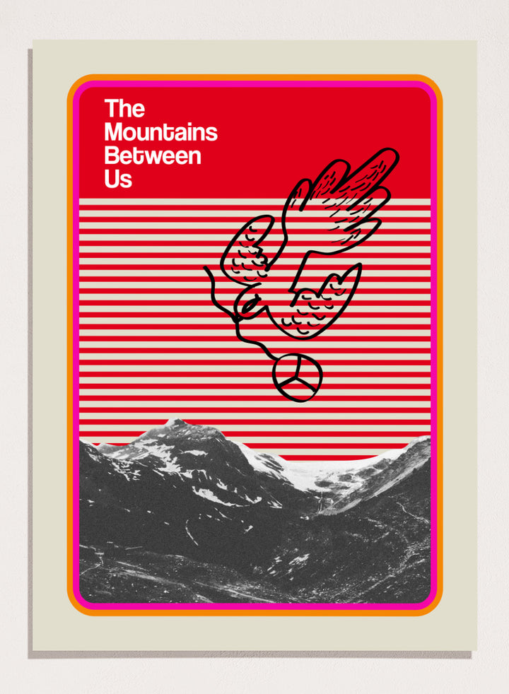 Print of 'The Mountains Between Us' with a red and white striped pattern and mountain illustration. Mountains Between Us by Frances Collett art print featuring red graphic stripes, flying dove illustration, and mountain landscape. Officially licensed modern wall poster with optional framing.
