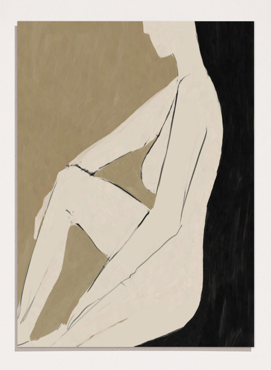 Shop Chill by Dan Hobday, a contemporary figurative art print featuring a relaxed seated figure, soft neutral tones, bold black forms, and minimal linework.