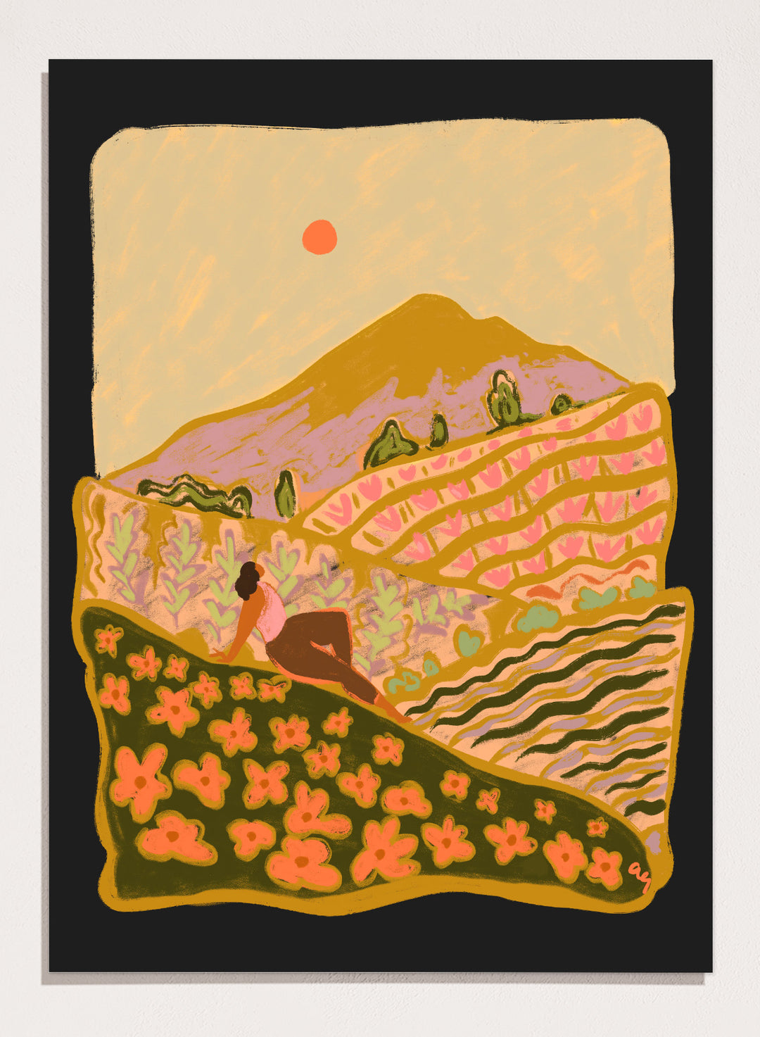 Illustration of a person sitting on a hill with a mountain and sunset in the background. Field Of Flowers by Arty Guava is a colorful landscape art print featuring blooming fields, rolling hills, nature-inspired illustration, and contemporary wall art.