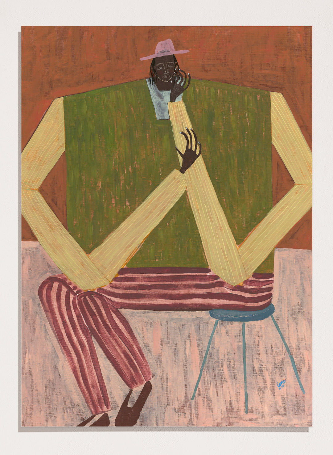 Surrealistic painting of a person sitting on a chair with geometric shapes and abstract design. Take a Moment by Studio IMO (Ibi Meier-Oruitemeka) is a modern figurative art print featuring a seated figure in a calm, reflective pose, designed as a contemporary wall art poster.