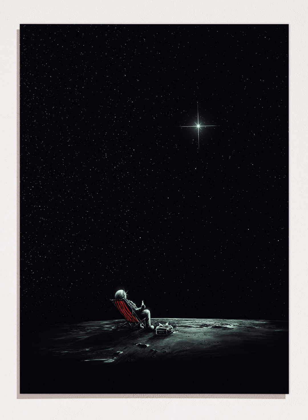 Person sitting on a chair under a starry sky. Astronaut Star Gazer by Nicebleed is a surreal space art print featuring a lone astronaut under a star-filled sky, modern aesthetic wall poster.