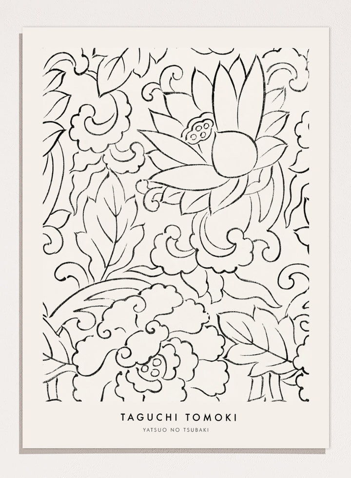 Floral Yatsuo no Tsubaki by Taguchi Tomoki is a vintage Japanese woodblock art print featuring stylized flowers, curling leaves, and elegant black linework.
