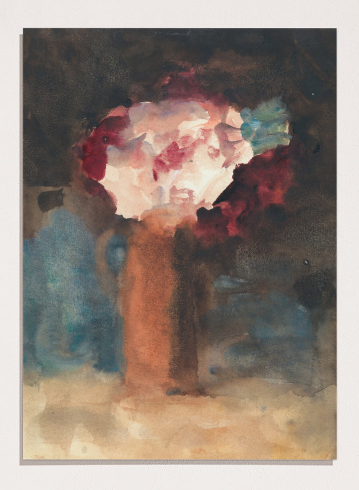 An abstract watercolor painting of a vase with flowers, featuring a warm terracotta-brown vase and a bouquet of white, red, and blue blossoms against a dark, textured background. Roses by Hercules Brabazon Brabazon is a vintage floral art print featuring pink and red roses in a terracotta vase with a dark, moody background.