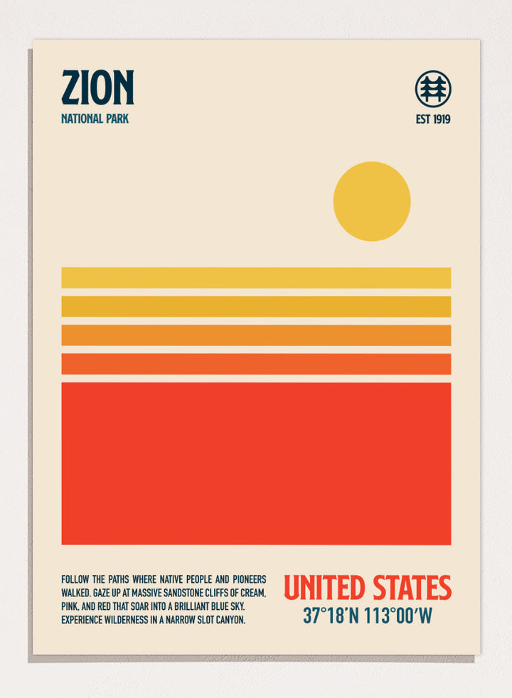 A minimalist Zion National Park poster with a cream background, dark blue text, a yellow sun, and horizontal stripes in cream, orange, and red. The bottom right reads &