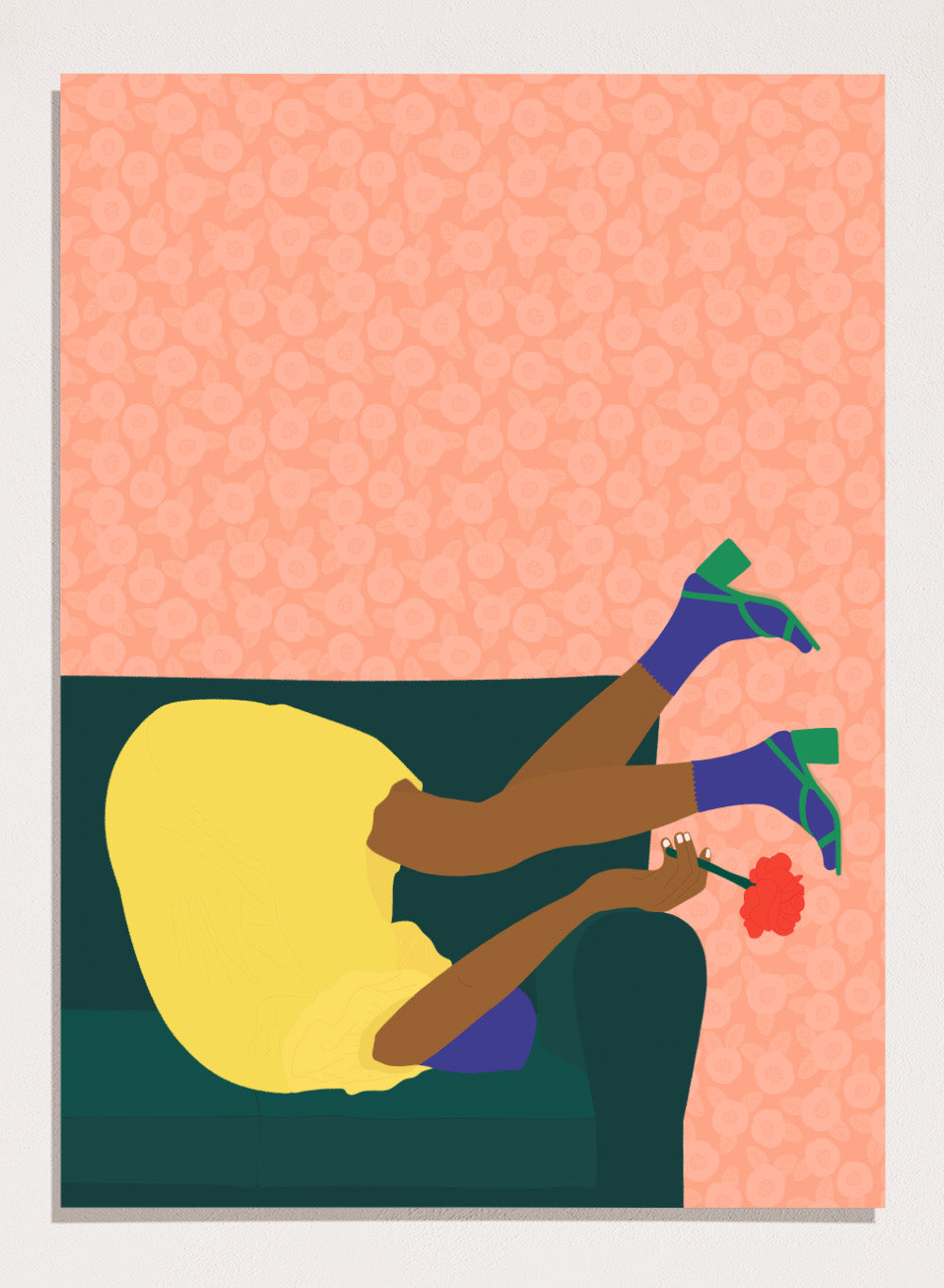 Illustration of a person sitting on a couch with a flower, against a patterned pink background. New Year’s Eve by Jota De Jai is a playful modern fine art print of a woman upside down on a couch in heels and a yellow dress. Available framed or unframed.