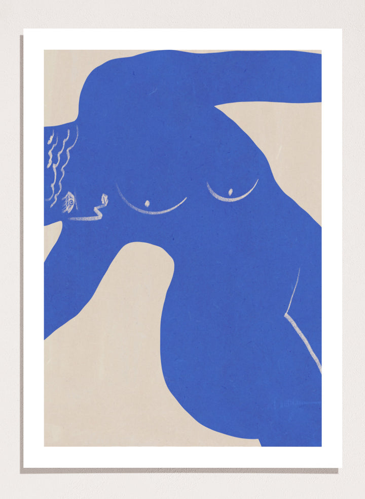 Bold Blue Silhouette art print by Little Dean. Contemporary abstract wall art featuring expressive blue shapes, minimalist portrait design, and modern illustration style.
