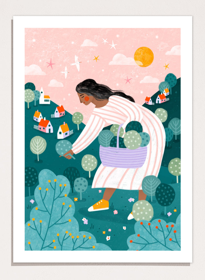 Shop Idyllic Village Gathering by Bea Müller, a figurative wall art print poster featuring a woman in a whimsical village landscape beneath a pink sky.