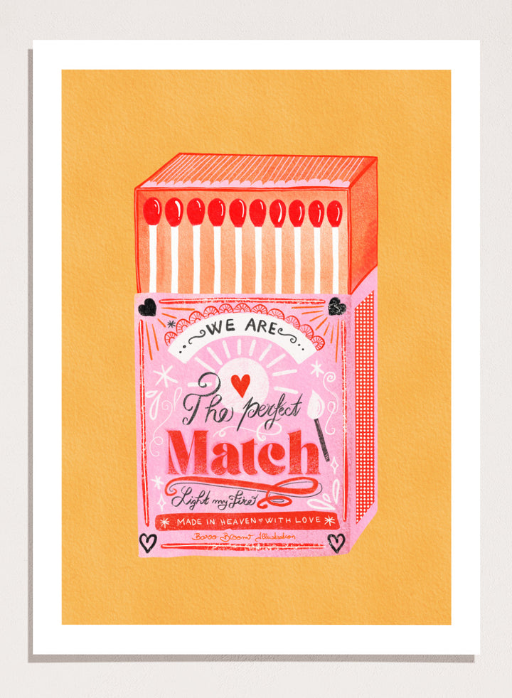 Illustration of a matchbox with 'We are the perfect match' text on a yellow background. Match Box, The Perfect Match by Baroo Bloom is a playful love-themed art print featuring a pink illustrated matchbox. Officially licensed wall poster with optional framing.