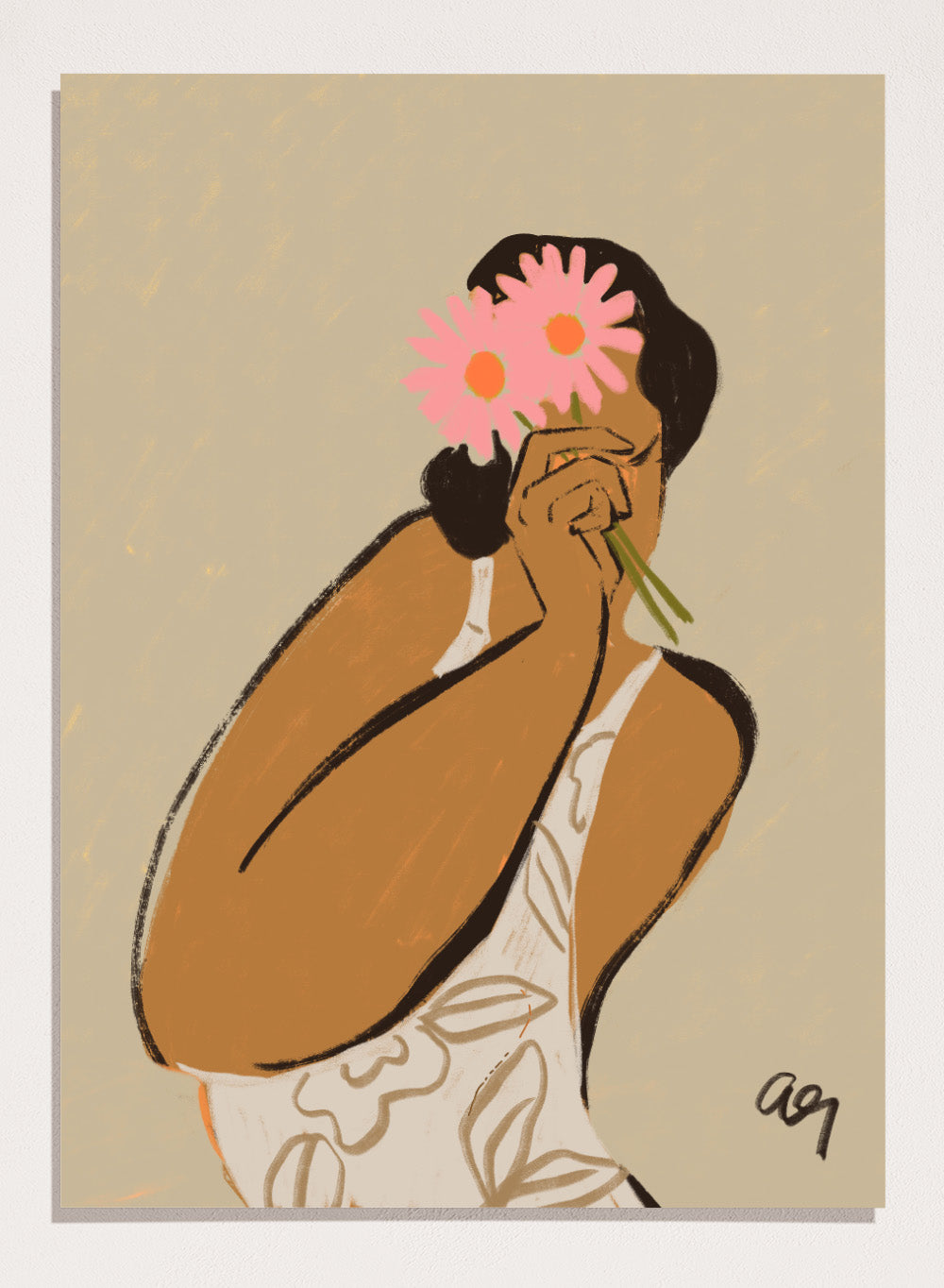 Illustration of a person holding a pink flower to their face against a beige background. Mask by Arty Guava art print, modern woman illustration holding flowers, contemporary figurative wall poster in soft neutral tones.
