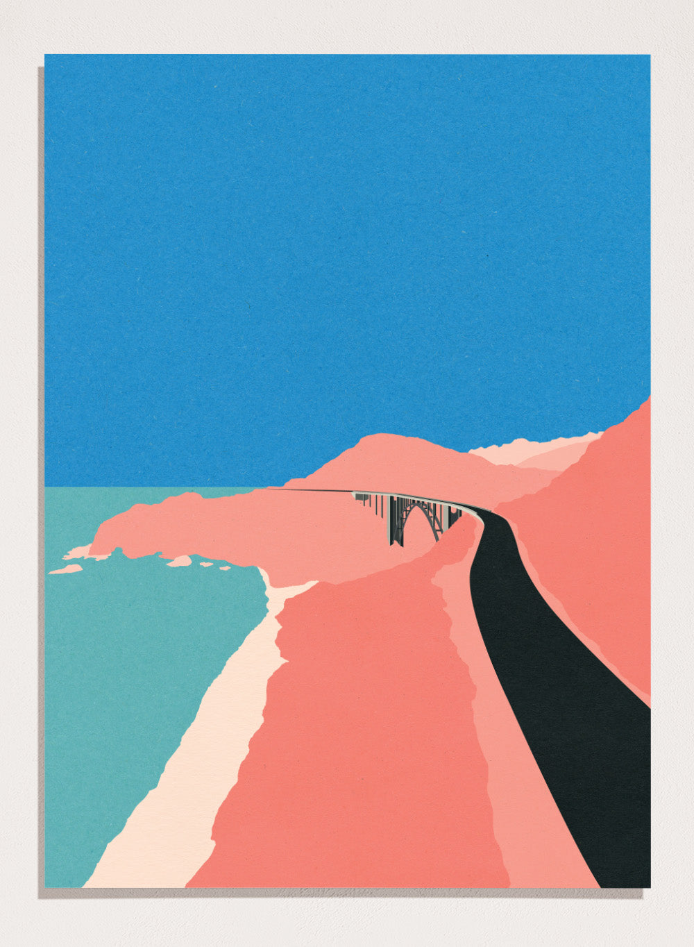 Artistic illustration of a coastal road with cliffs and blue sky. Pacific Coast Highway Big Sur by Rosi Feist is a modern minimalist landscape art print with bold color and Bauhaus-inspired graphic design. Officially licensed fine art poster with framing.