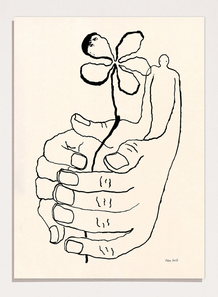 Black line drawing of a hand holding a flower on a beige background. Let It Grow by Eden Kalif is a modern line art print featuring a hand holding a flower with a human figure, designed as a minimalist contemporary wall poster.