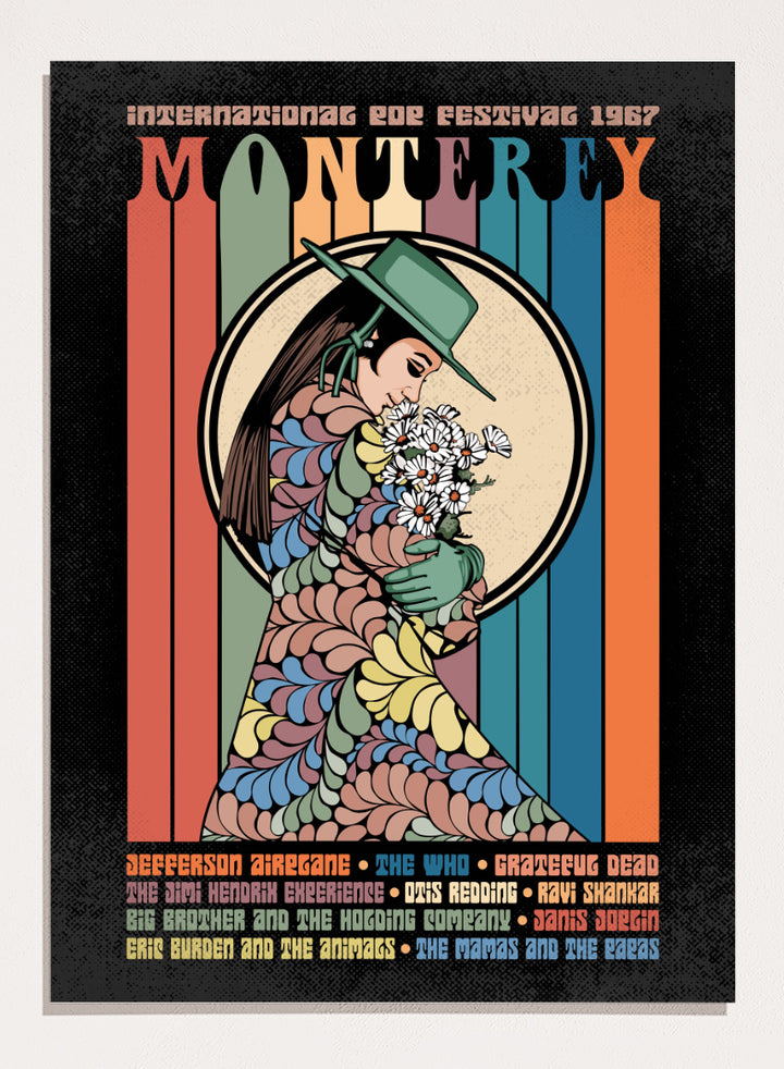 A retro-style concert poster for the 1967 European Tour featuring the band Monterey. The design has a black background with vertical multicolored stripes in orange, green, blue, and beige, surrounding an illustration of a woman in a green hat and patterned dress holding white flowers. Flower Child Festival by Retrodrome retro music art print inspired by the 1967 Monterey Pop Festival, with flower-child imagery and vintage concert poster style.