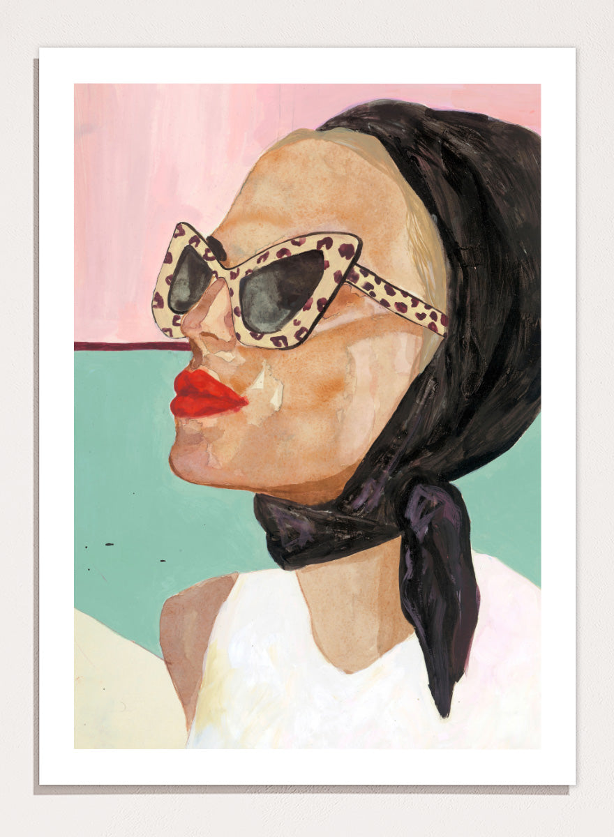 Shop Chic Scarf Sunglasses by Sophia Novosel, a modern female portrait wall art print poster featuring cat-eye sunglasses, red lips, and a black scarf.