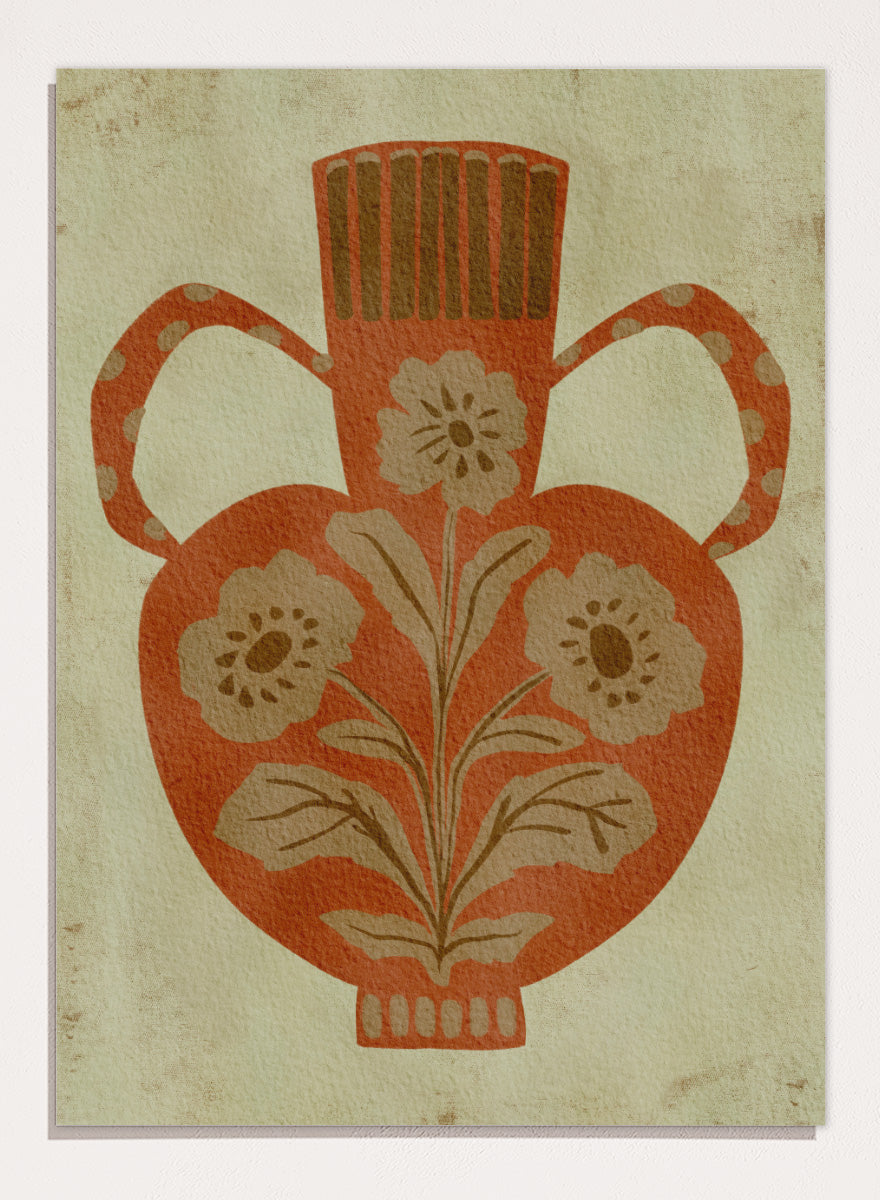 Shop Rustic Floral Vase by Nikita Jariwala, a botanical wall art print featuring a terracotta vase, folk-inspired flowers, and warm rust, tan, and cream tones.