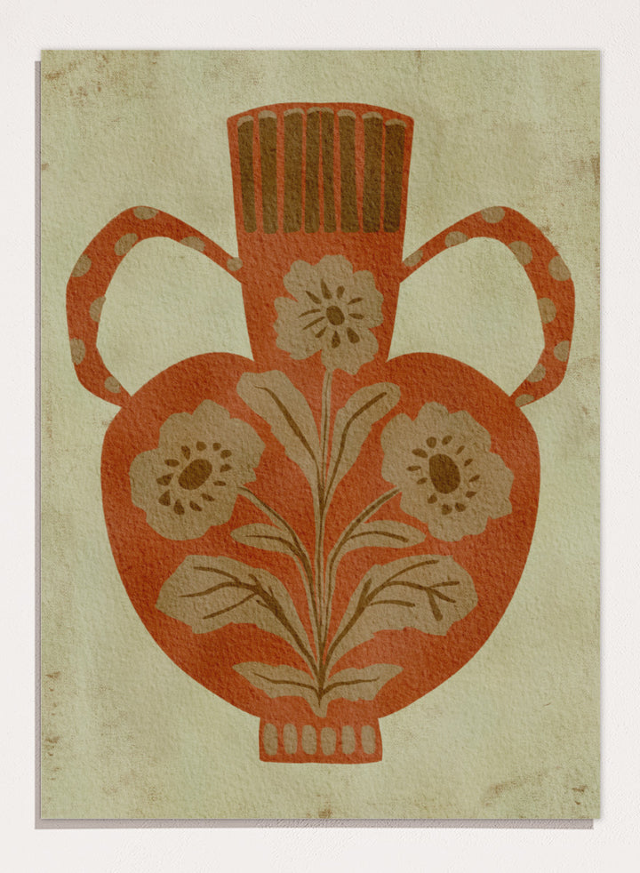 Shop Rustic Floral Vase by Nikita Jariwala, a botanical wall art print featuring a terracotta vase, folk-inspired flowers, and warm rust, tan, and cream tones.