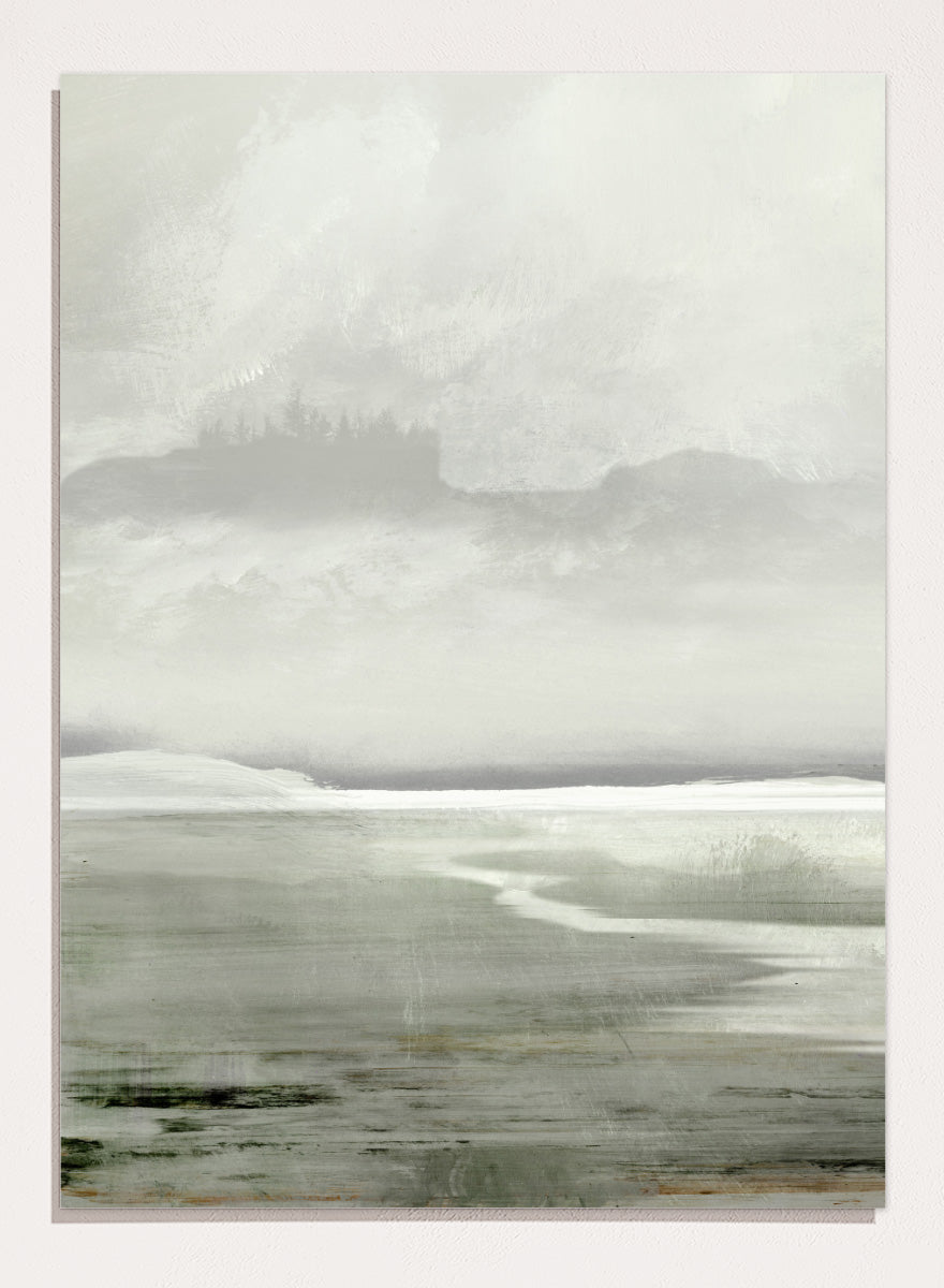 Shop Lakes No. 01 by Dan Hobday, a misty landscape art print featuring muted green water, distant hills, soft trees, and layered atmospheric texture.