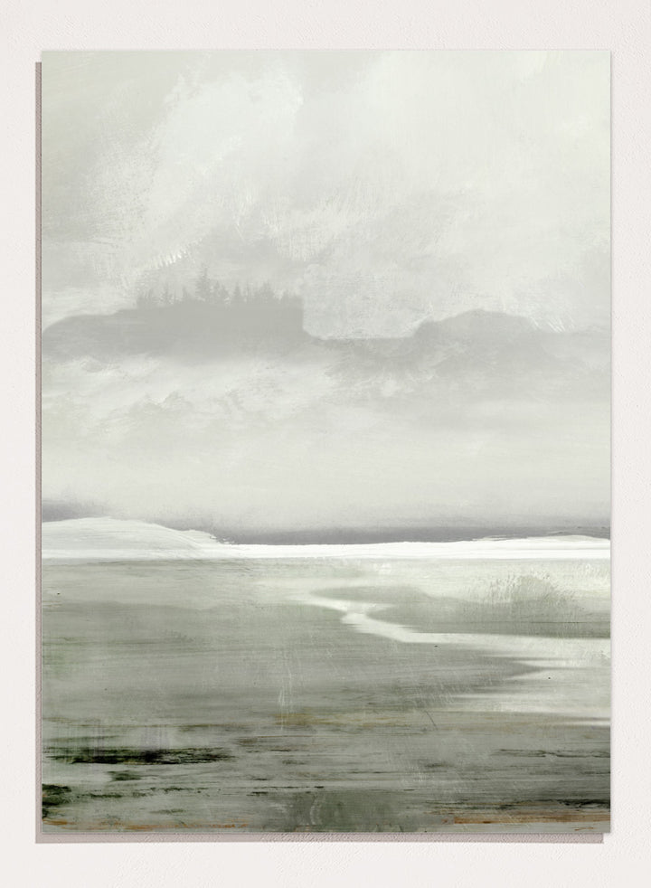 Shop Lakes No. 01 by Dan Hobday, a misty landscape art print featuring muted green water, distant hills, soft trees, and layered atmospheric texture.
