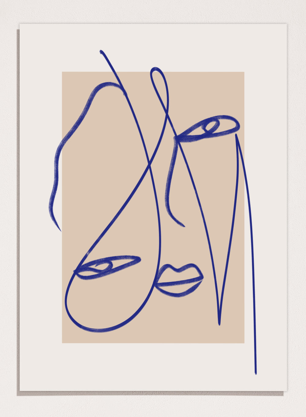 Abstract Blue Line Art print by Little Dean. Modern minimalist face illustration in bold blue linework, contemporary wall art poster.