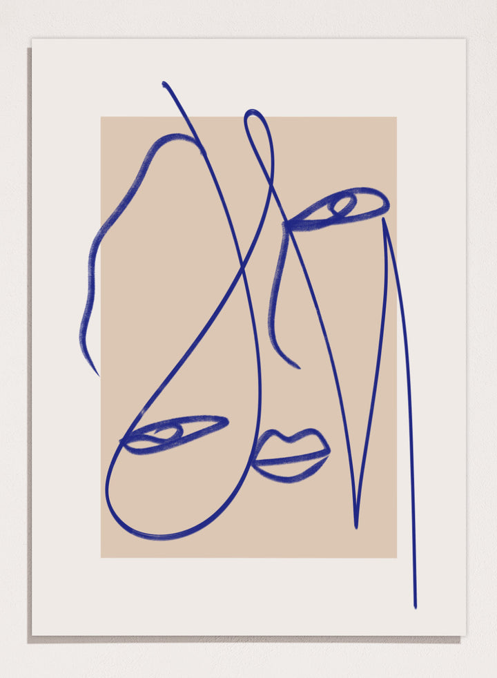 Abstract Blue Line Art print by Little Dean. Modern minimalist face illustration in bold blue linework, contemporary wall art poster.