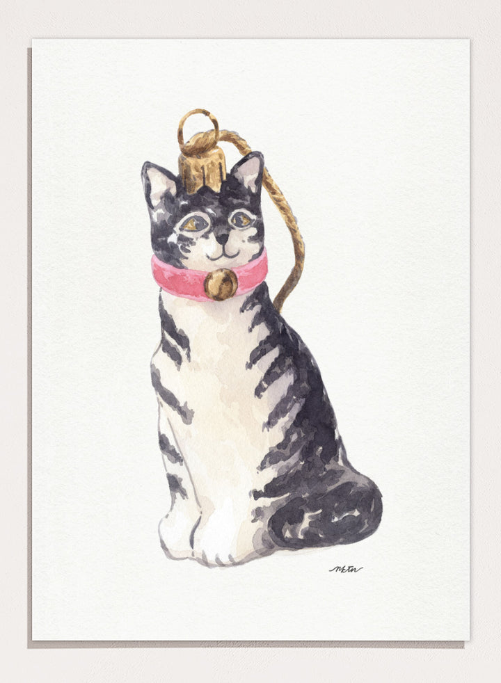 Shop Cute Tabby Ornament by NKTN, a festive cat wall art print poster featuring a gray tabby in a pink collar with a gold bell and Christmas ornament detail.