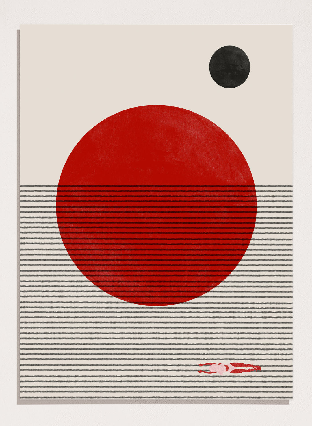 Abstract design with a red circle, black dot, and striped pattern on a beige background. Floating Horizons by The MIUUS Studio is a minimalist abstract art print and wall poster featuring geometric shapes, red sun, ocean lines, and swimmer detail.
