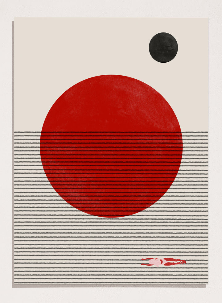 Abstract design with a red circle, black dot, and striped pattern on a beige background. Floating Horizons by The MIUUS Studio is a minimalist abstract art print and wall poster featuring geometric shapes, red sun, ocean lines, and swimmer detail.